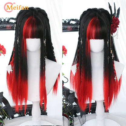 MEIFAN Synthetic Long Straight Lolita Wig with Bangs Wig Girl Cute Ombre Pink Blonde Black Cosplay Party Halloween Harajuku Wig