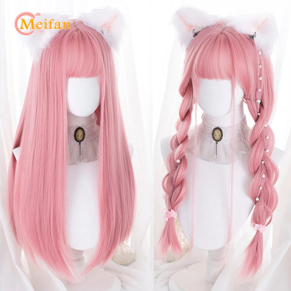 MEIFAN Synthetic Long Straight Lolita Wig with Bangs Wig Girl Cute Ombre Pink Blonde Black Cosplay Party Halloween Harajuku Wig