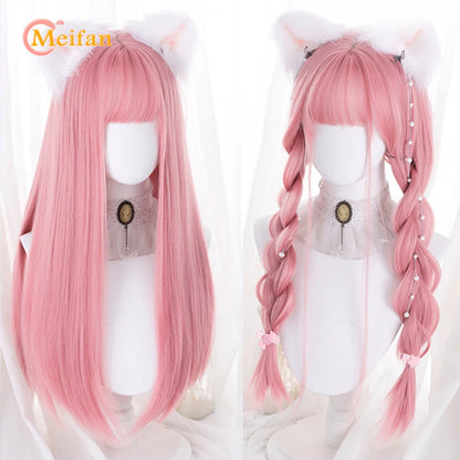 MEIFAN Synthetic Long Straight Lolita Wig with Bangs Wig Girl Cute Ombre Pink Blonde Black Cosplay Party Halloween Harajuku Wig