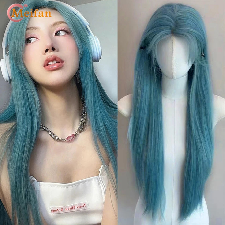 MEIFAN Synthetic Long Straight Lolita Wig with Bangs Wig Girl Cute Ombre Pink Blonde Black Cosplay Party Halloween Harajuku Wig