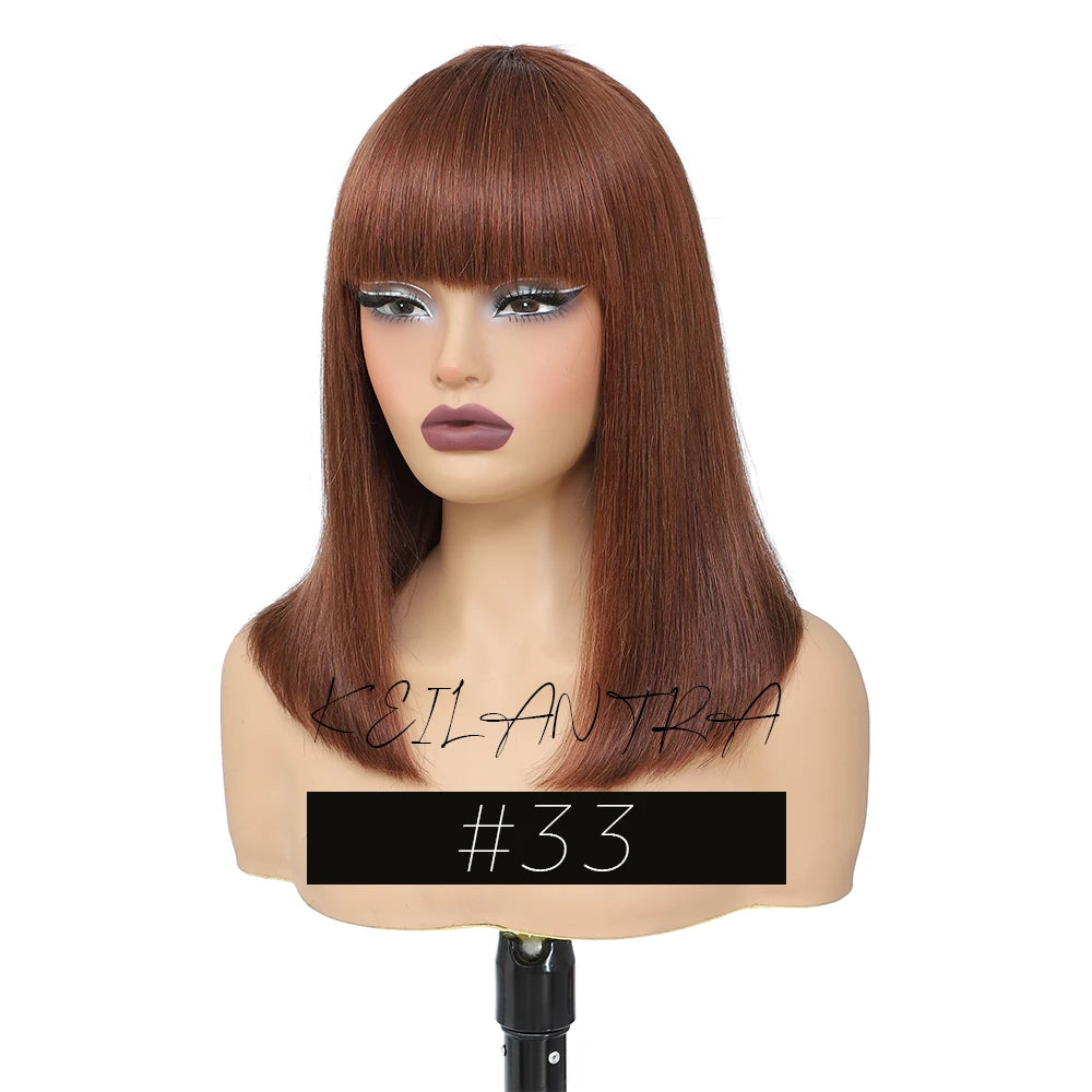 Short Black Human Hair Bob Wigs With Bangs Light Yaki Straight Realistic Scalp Glueless Non Lace Wig For Women Blunt Cut Bob Wig