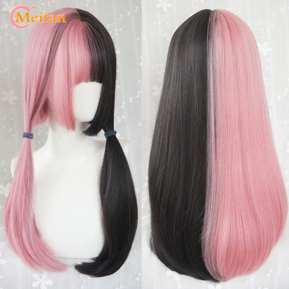 MEIFAN Synthetic Long Straight Lolita Wig with Bangs Wig Girl Cute Ombre Pink Blonde Black Cosplay Party Halloween Harajuku Wig