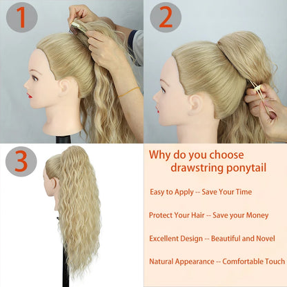 Long Curly Wavy Ponytail Hair Extension for Women Natural Synthetic Drawstring Ponytail Hairpieces Burgundy Blond Fake Pony Tail