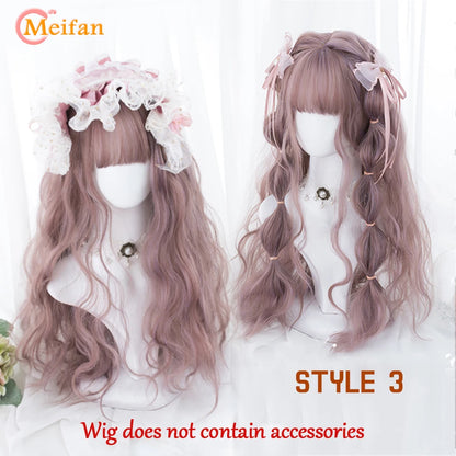 MEIFAN Synthetic Long Straight Lolita Wig with Bangs Wig Girl Cute Ombre Pink Blonde Black Cosplay Party Halloween Harajuku Wig