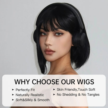 Short Straight Bob Wigs for Women Black Brown Synthetic Natural Hair Wig with Bangs Heat Resistant Cosplay Daily Use Hair