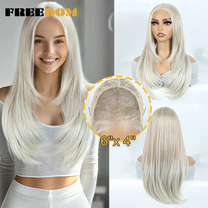 FREEDOM Synthetic Lace Front Wigs For Woman Long Layered Straight Wigs Ombre 6x4 Pre Plucked Pre Cut Wear and Go Glueless Wig