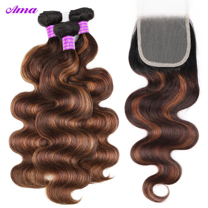 FB 30 Brown Highlight Bundles With Closure Ombred Body Wave Bundles With Closure 1b 4/30 Colored Human Hair Bundles With Closure