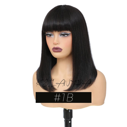 Short Black Human Hair Bob Wigs With Bangs Light Yaki Straight Realistic Scalp Glueless Non Lace Wig For Women Blunt Cut Bob Wig