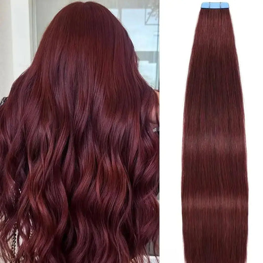 Alimice 99J# Burgundy 20pcs Tape Straight Hair Extensions Human Hair Extensions Invisible Tape In Hair Extensions 50g