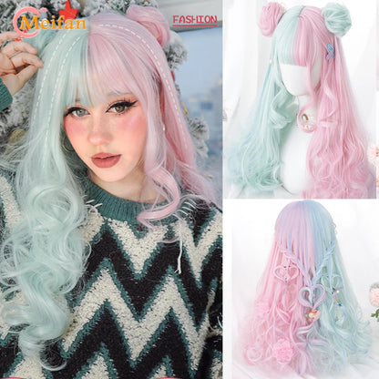 MEIFAN Synthetic Long Straight Lolita Wig with Bangs Wig Girl Cute Ombre Pink Blonde Black Cosplay Party Halloween Harajuku Wig