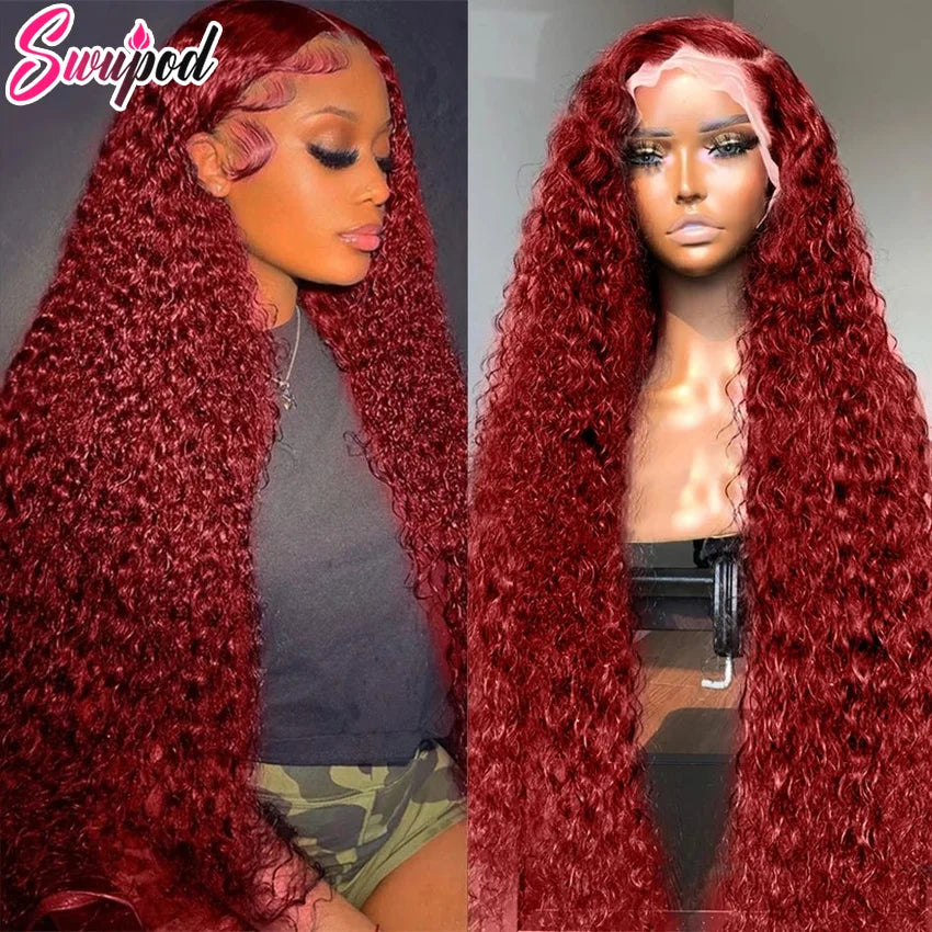 Swupod 200 Density 13x4 HD Lace Front Wig for Black Women Deep Wave Wavy Remy Human Hair 99J Burgundy Color Glueless