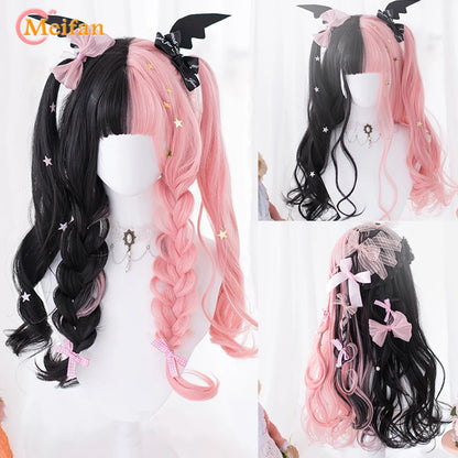 MEIFAN Synthetic Long Straight Lolita Wig with Bangs Wig Girl Cute Ombre Pink Blonde Black Cosplay Party Halloween Harajuku Wig